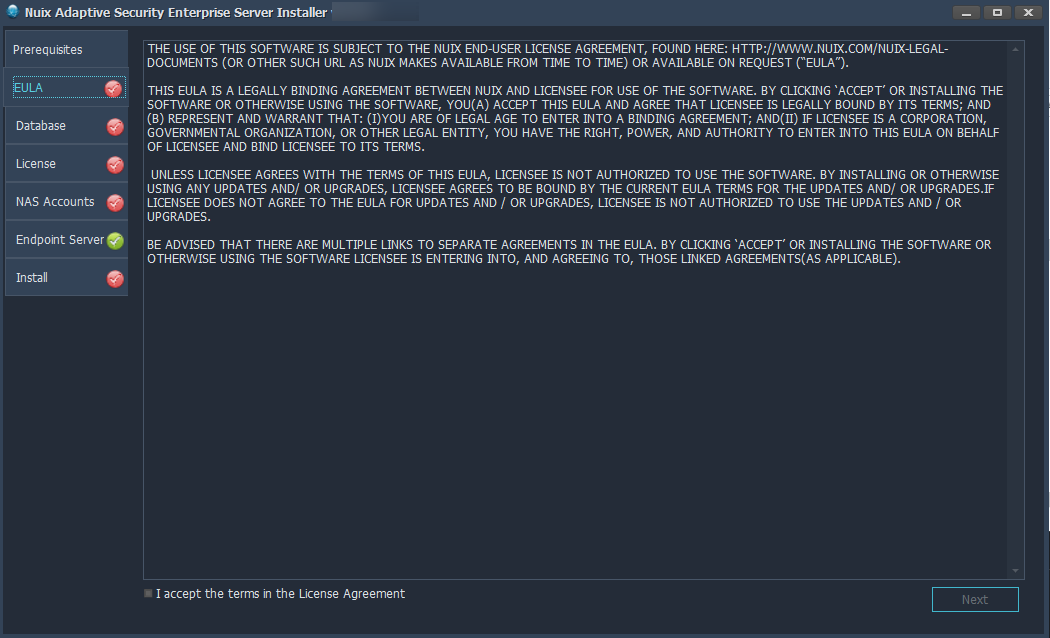 Nuix Adaptive Security installer EULA. 